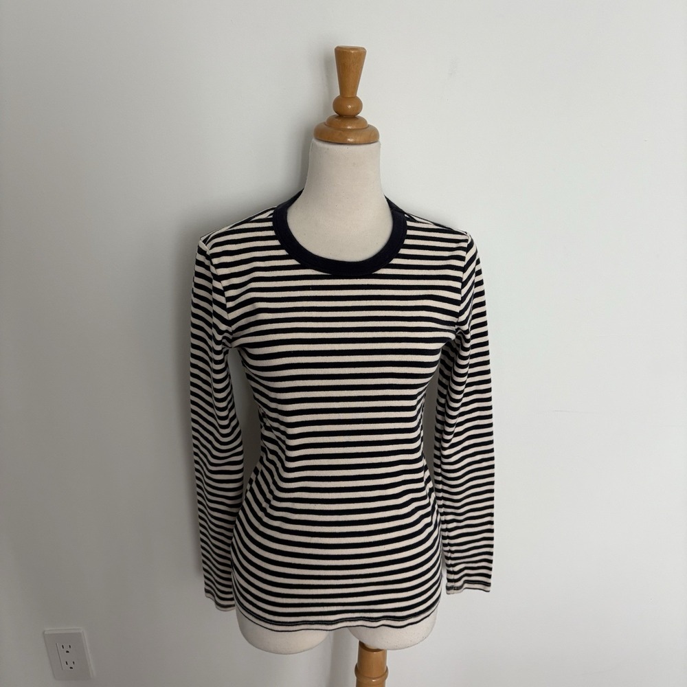 John Galt Brandy Melville Womens Shirt One Size Cream Navy Stripes Long Sleeve